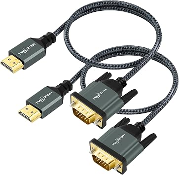 Twozoh HDMI - VGA Cable 2M 2-Piece Set Aluminum Alloy Shell Nylon Braided & Gold-Plated HDMI VGA 1080P/60HZ Compatible for Desktop, Laptop, PC, Monitor, Projector, HDTV
