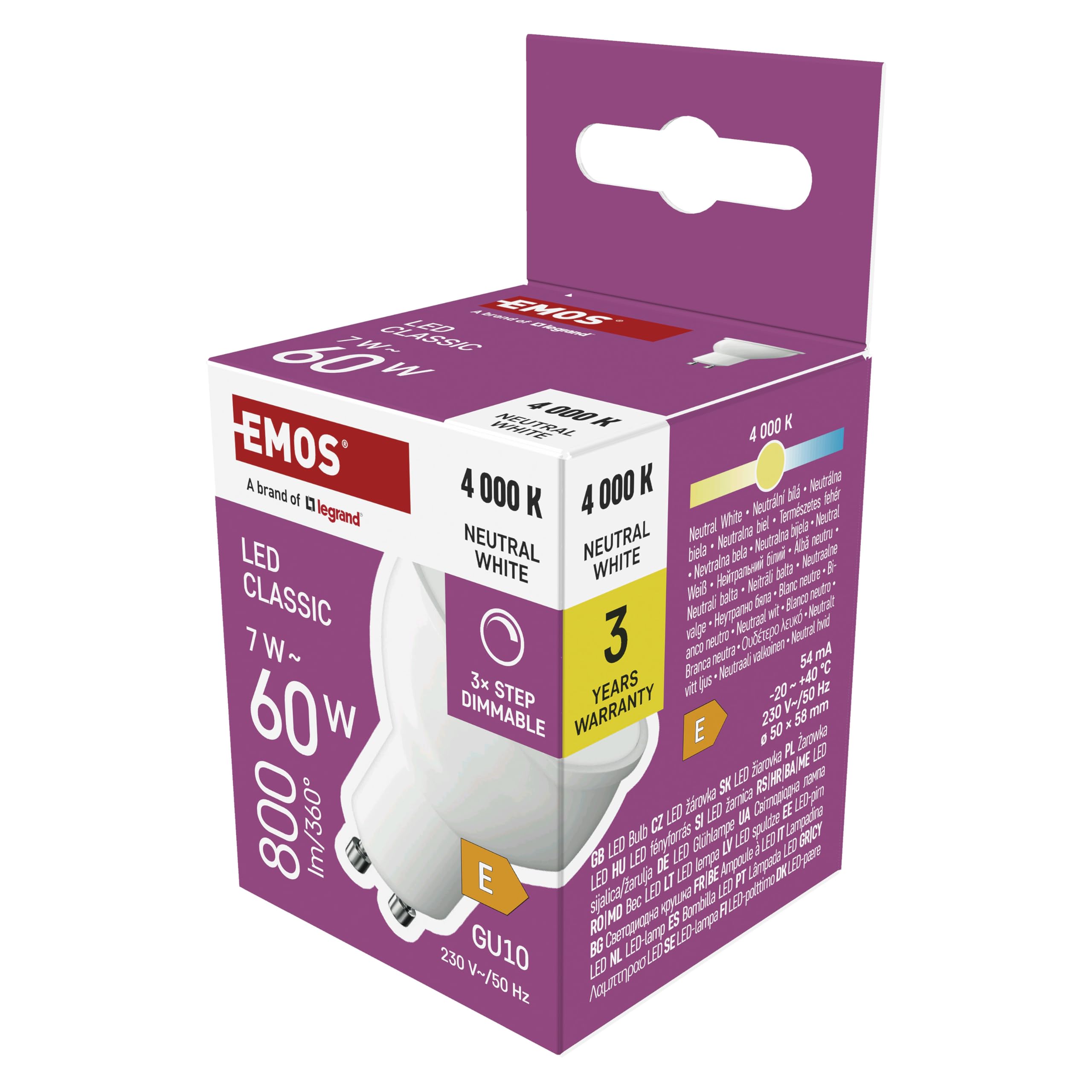EMOS - Dimmbare Spot LED Lampe MR16-7W Ersatz für 60W Halogenlampe mit GU10 Sockel - 3-Step-Dimmen - Helligkeit 800 lm, 4000 K - 25000 h Lebensdauer, CRI min. 80, 100° Abstrahlwinkel - Neutralweiß