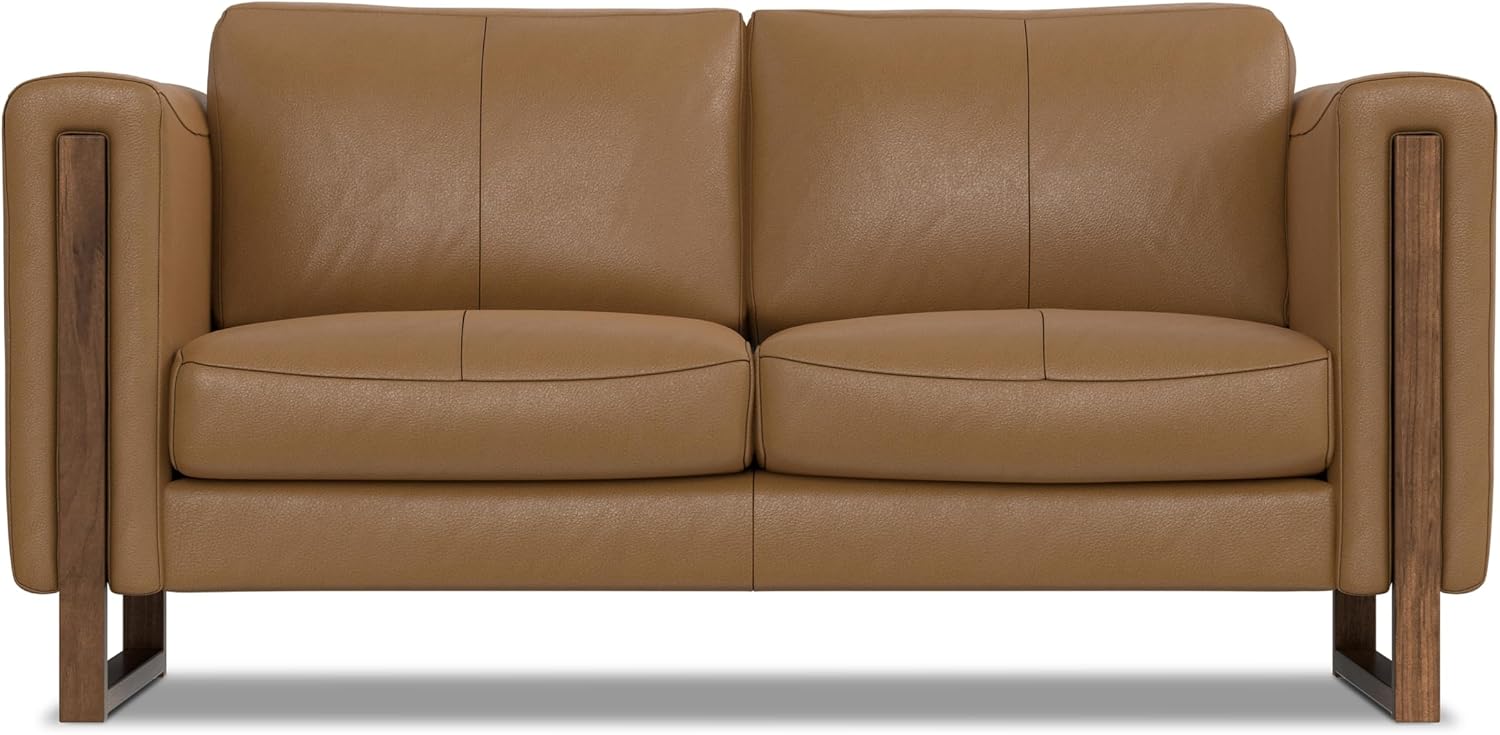 SIMPLIHOME Richard 63-inch Loveseat in Genuine Butternut Brown Leather, Solid Wood Frame, Modern Living Room Couch with Removable Cushions