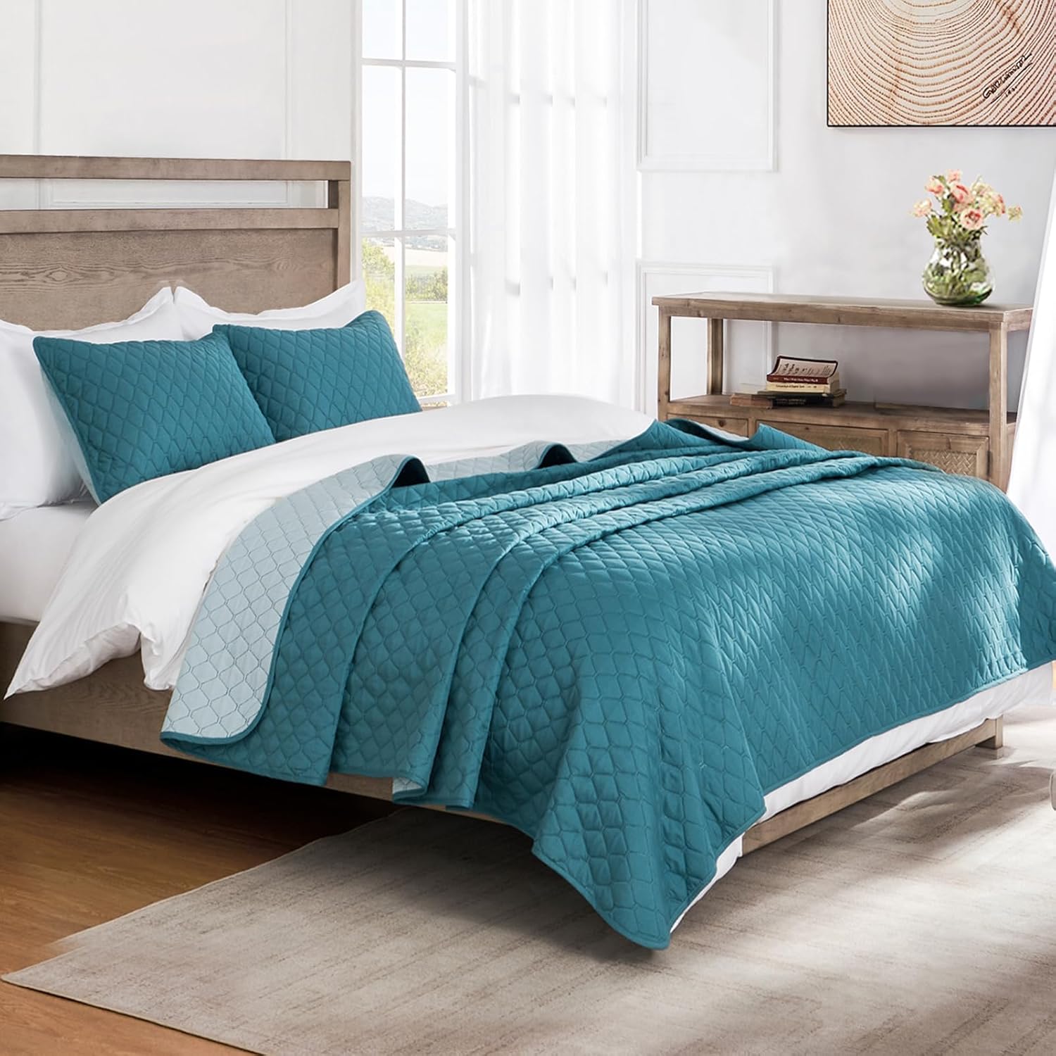 Exclusivo Mezcla Reversible King Size Quilt Bedding Set with Pillow Shams, Lightweight Quilts King Size, Soft Bedspreads Bed Coverlets for All Seasons - (Dusty Teal, 104"x96") - Image 2