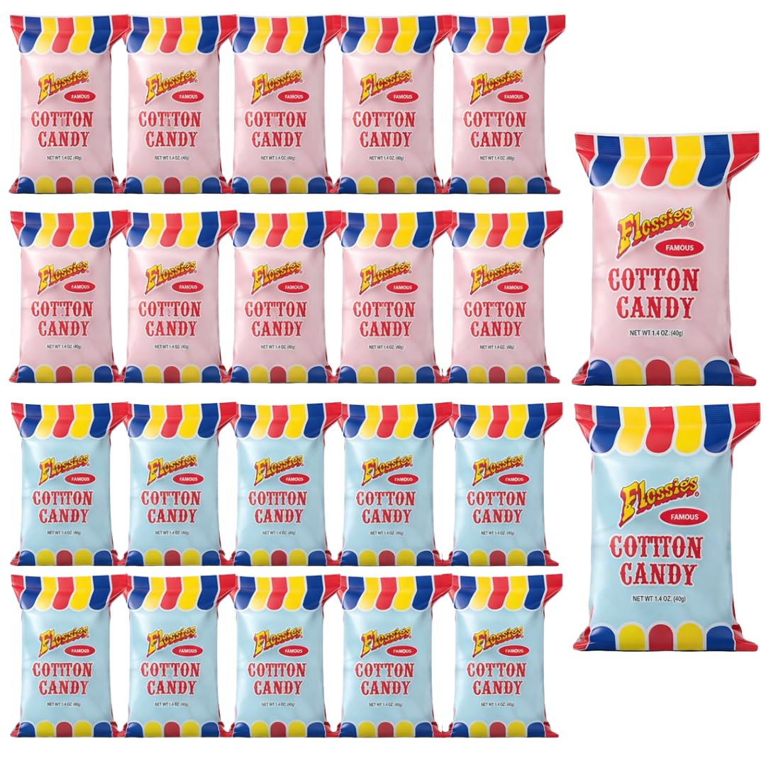 Flossie's Famous Cotton Candy, Flavorful Blueberry and Strawberry, Light and Fluffy Cotton Candy, Ideal Party Snack for All Ages, 2.4 Ounce (20 Pack)