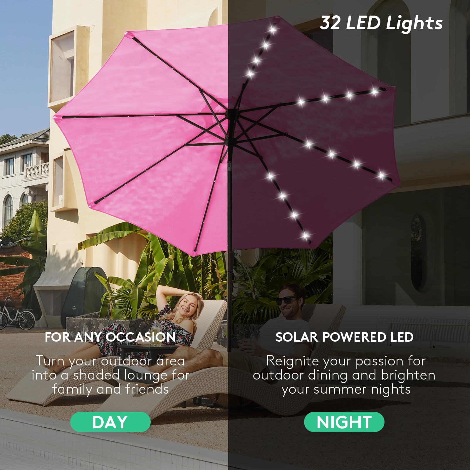 JEAREY 9FT Outdoor Patio Umbrella with Solar Lights, LED Lighted Pool Umbrella with Tilt and Crank, Outdoor Table Umbrellas for Deck, Yard & Market (Rose Pink) : Patio, Lawn &
