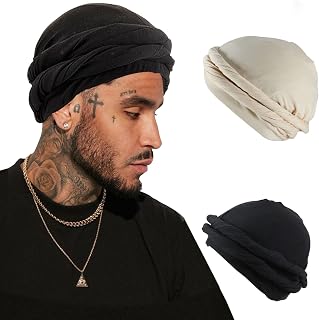 2PCS Turban for Men Halo Turban Satin Lined Turban for Men Head Wraps for Men Women Men’s Turban for Sleeping Nature Hai (Black+Beige)