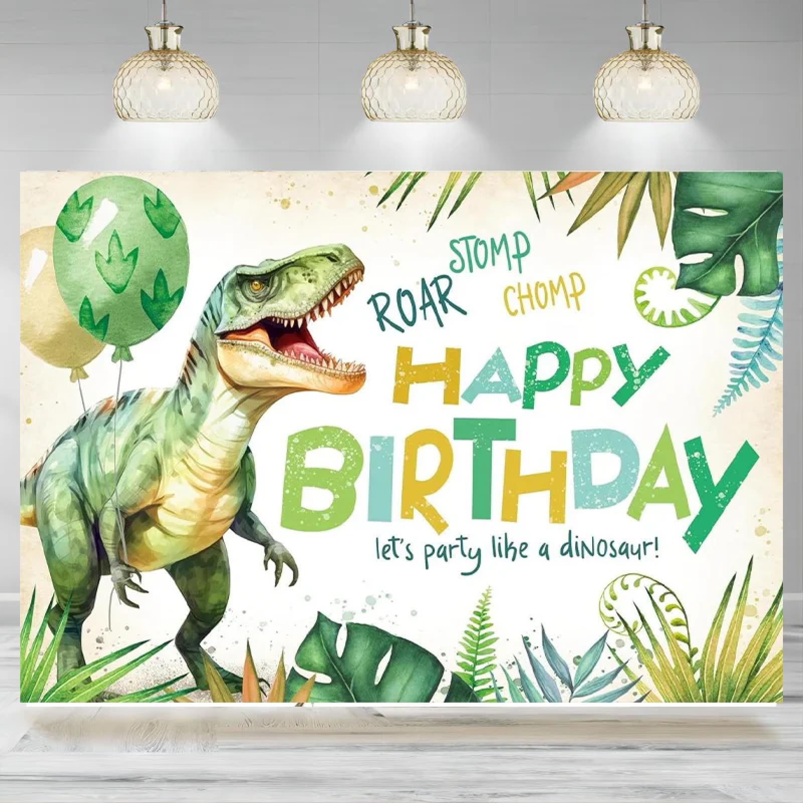Dinozaur urodziny tło fotografia dinozaur zwierzę zielone dżungla tropikalna palma tło impreza dekoracja ciasta, stół, baner 440 x 300 cm
