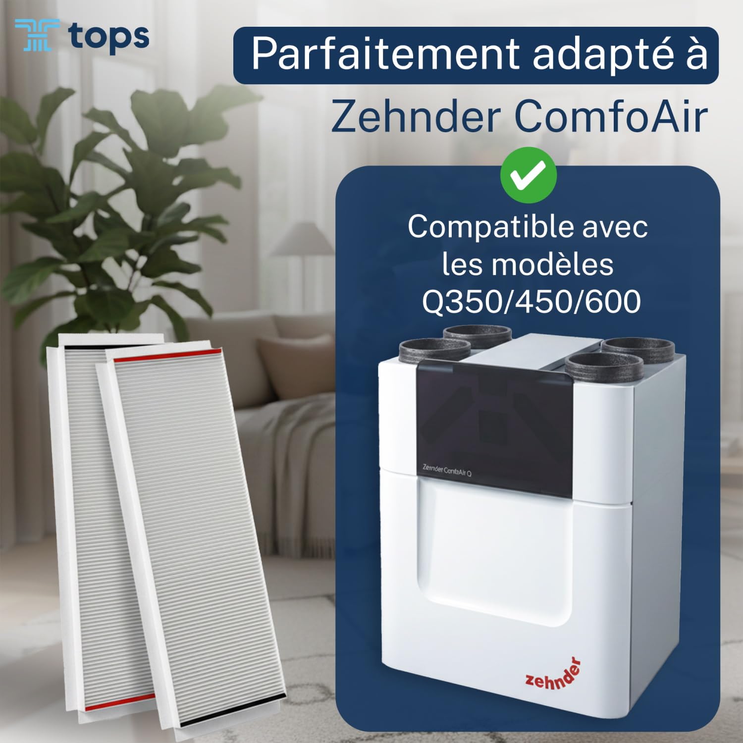 Tops Filtre Zehnder Comfoair q350 G4+F7 | 12x Filtre vmc double flux pour Zehnder Comfoair Q350/450/600 |Remplace Original Zehnder Filtre 400502013
