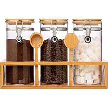 Coffee Container with Shelf 3P 45OZ Glass Airtight Coffee Holder | Large Capacity Coffee Canister w/Wooden Scoop - Kitchen Food Storage Jar for Ground Coffee/Tea/Sugar/Cereal/Nuts/Coffee Bar