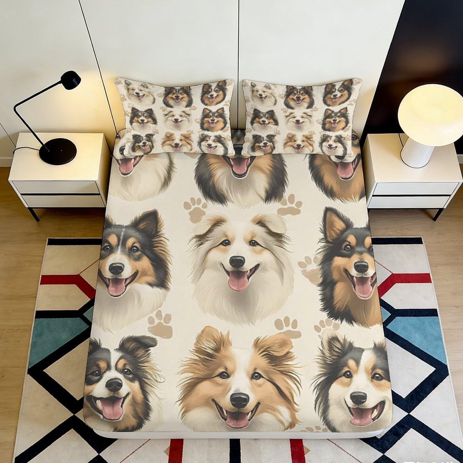 3D Printed Shetland Sheepdog Fitted Sheet Microfiber Soft Durable Collie Mattress Cover for Bedroom Dormitory Guest Room Bed Protection Decor 90x200x25cm
