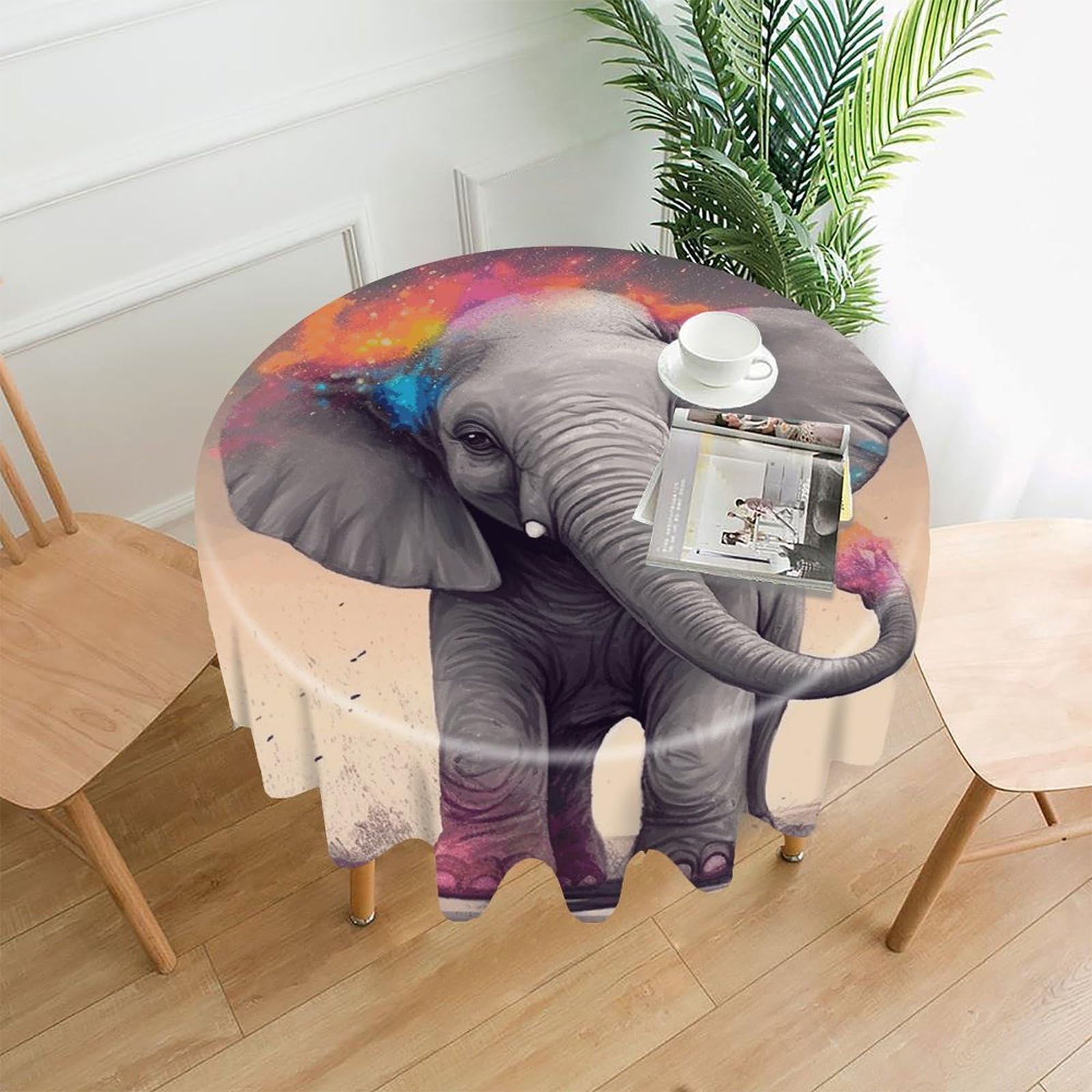 FekiLoot Animal Cartoon Elephant Round Tablecloth Cover 60 Inch Wrinkle Free Washable Polyester Fabric Table Cover Decorative Round Table Cloth for Home Dining Kitchen Party Farmhouse