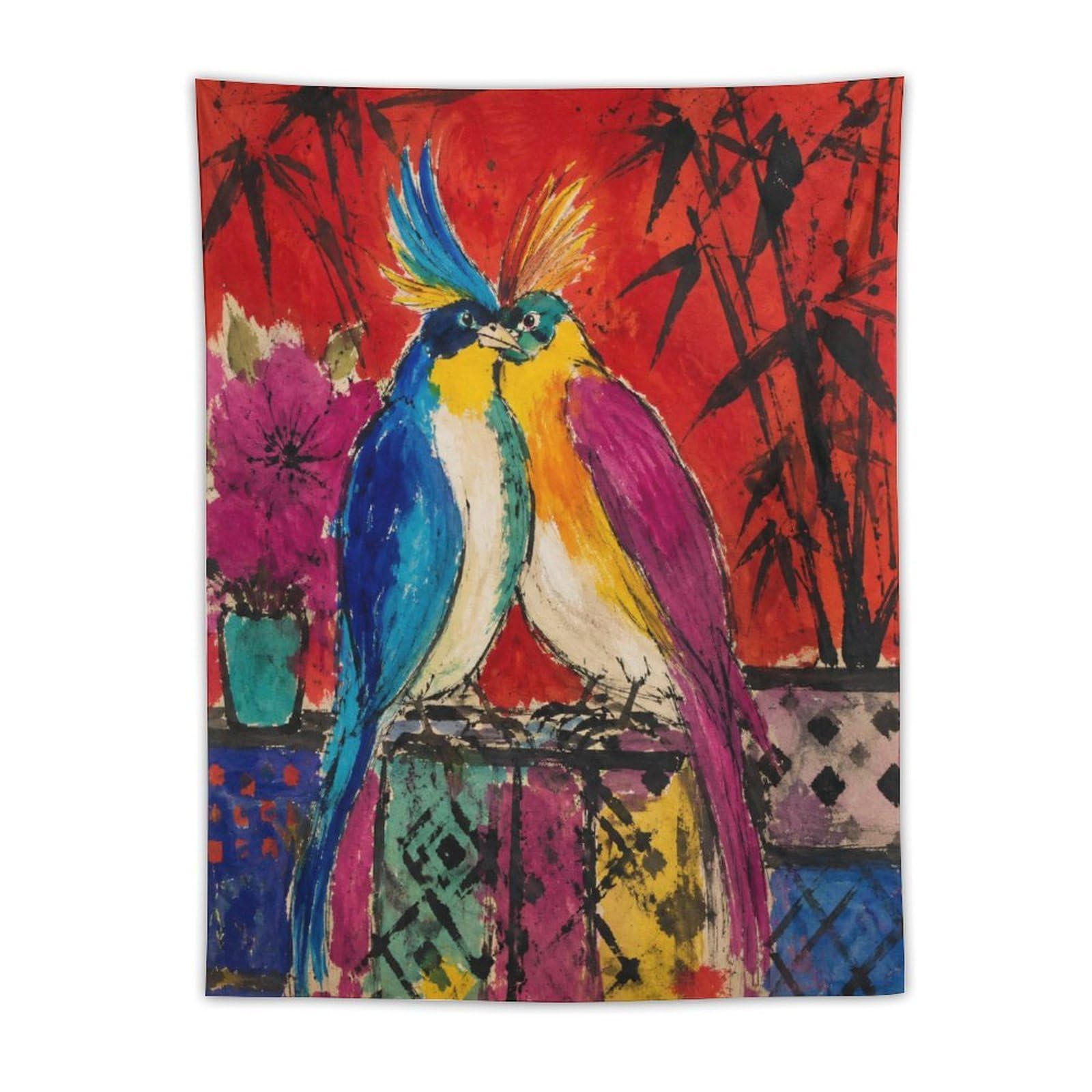 W7C8U2X3 Colorful Parrot Pair Wall Tapestry, Realistic Illustration