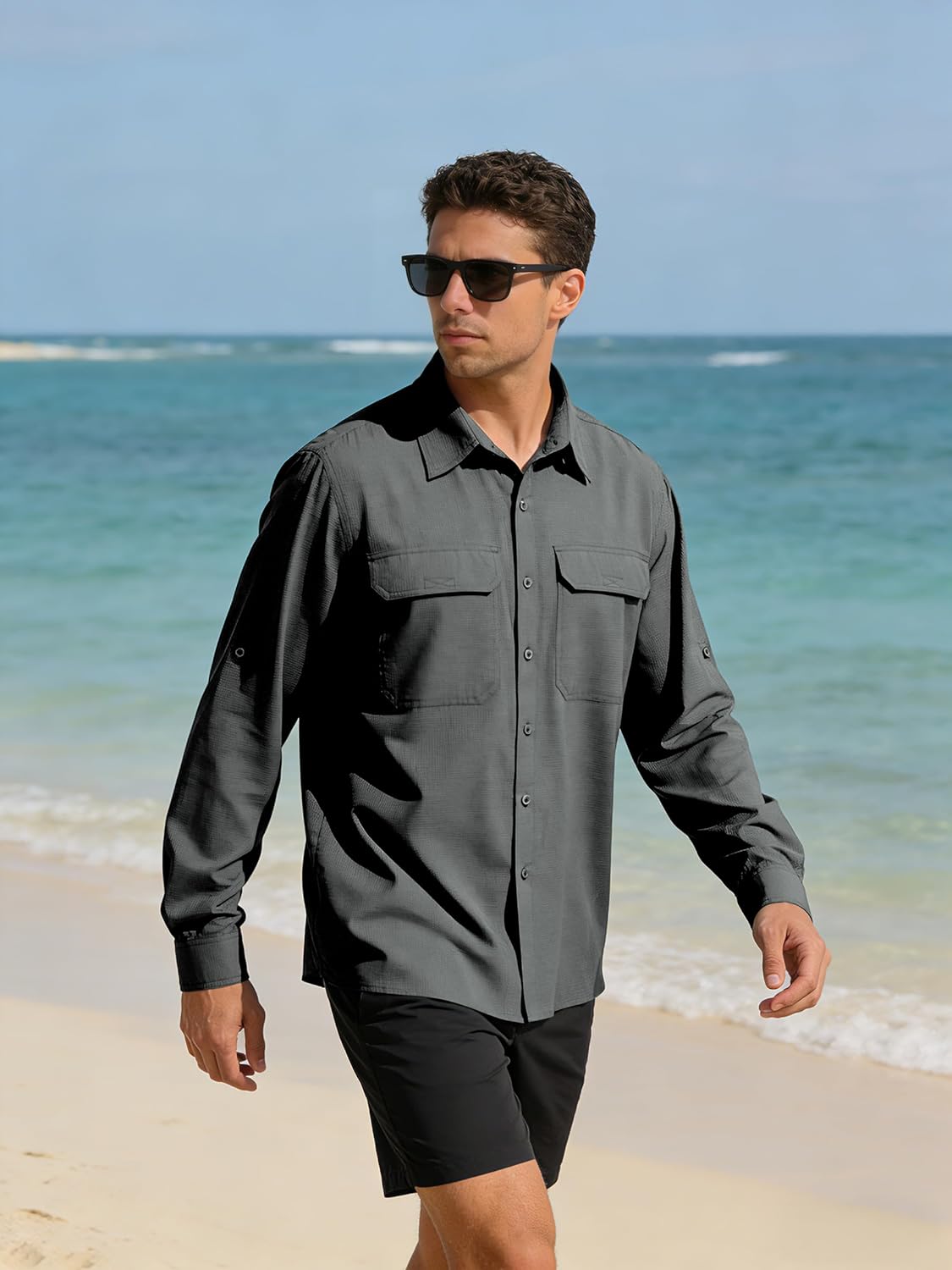 UIQUR Mens UPF 50+ UV Sun Protection Fishing Shirts PFG Shirts Quick Dry Cooling Roll-Up Sleeves Shirts for Safari Hiking