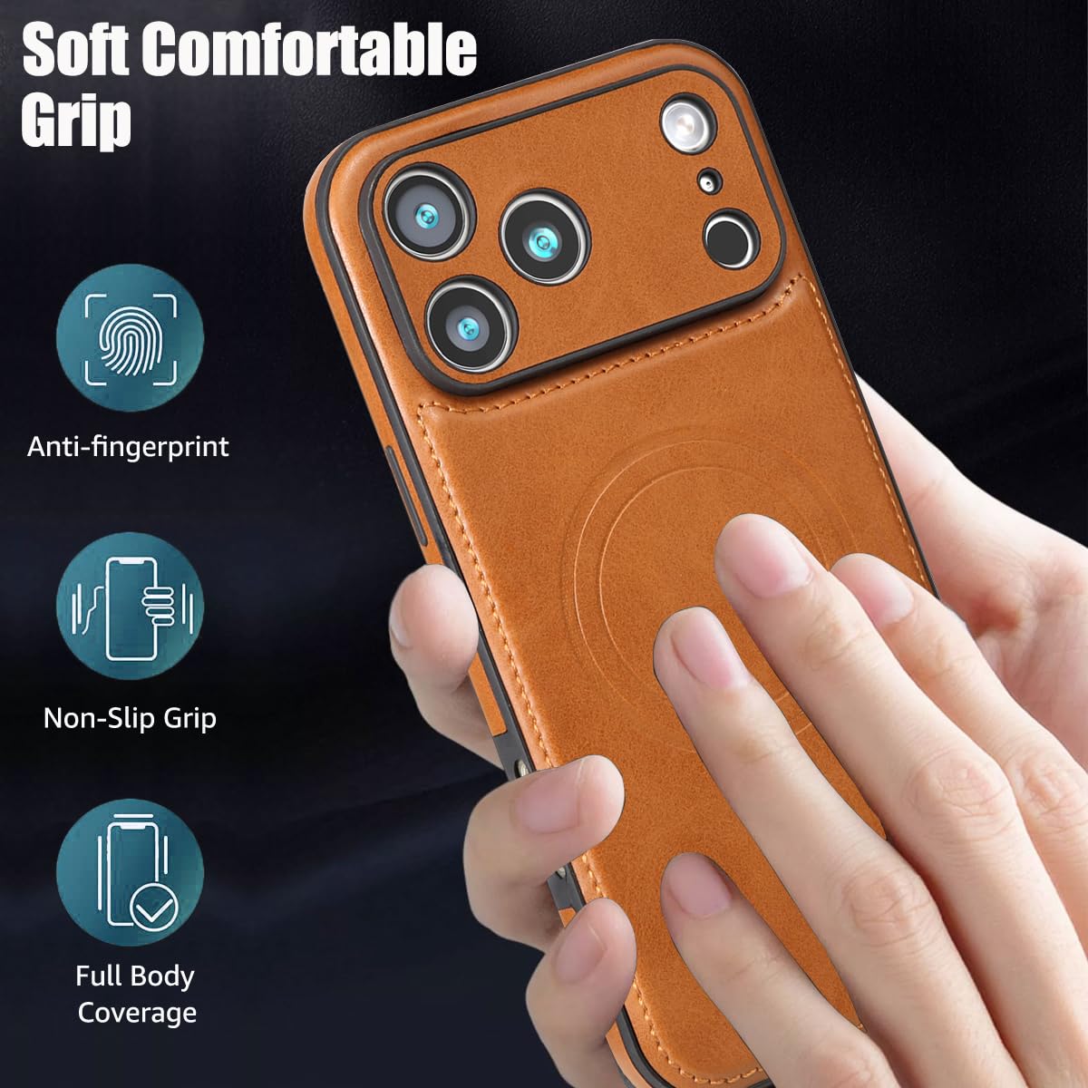 Funda De Piel Magnética Para IPhone 17 Pro Max Con Anillo Para Carga Inalámbrica, Resistente A Golpes Y Antideslizante, Color Marrón