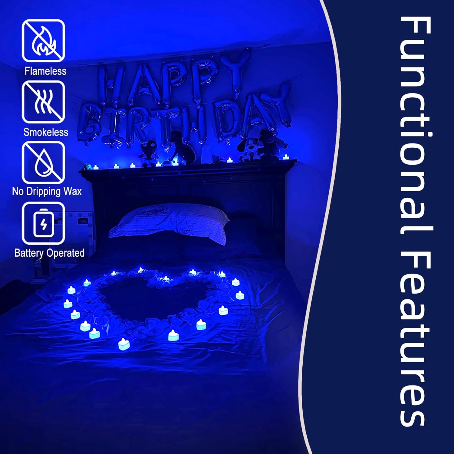 Pyrrhiax 2000PCS Silk Rose Petals with 24 LED Tea Lights Candles, Romantic Night Decoration Set, Romantic Valentine, Wedding Anniversary, Send her and him Memories (Blue)