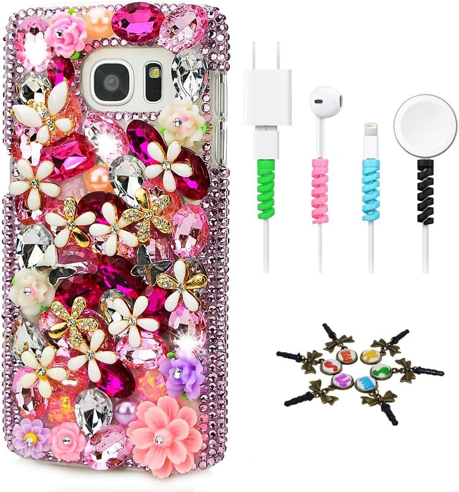 STENES Sparkle Case Compatible with Samsung Galaxy S21 FE 5G Case - Stylish - 3D Handmade Bling Girls High Heel Bowknot Snow Flowers Design Cover Case with Cable Protector [4 Pack] - Pink