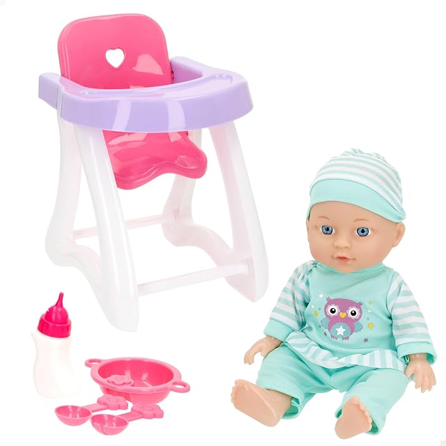 COLORBABY Colorbaby's Muñeco bebé, Mide 30 cm, Incluye Trona, Biberón, Cubiertos, Extremidades articuladas