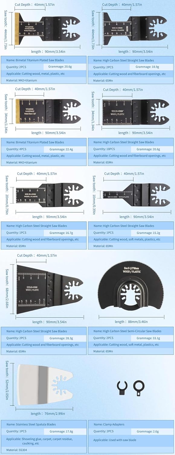 35 PCS Oscillating Saw Blades, Universal Titanium Multitool Blades fit Wood Plastics Metal, Quick Release Multi Tool Blades Kits for Dewalt Porter Cable Fein Makita and Black & Decker.
