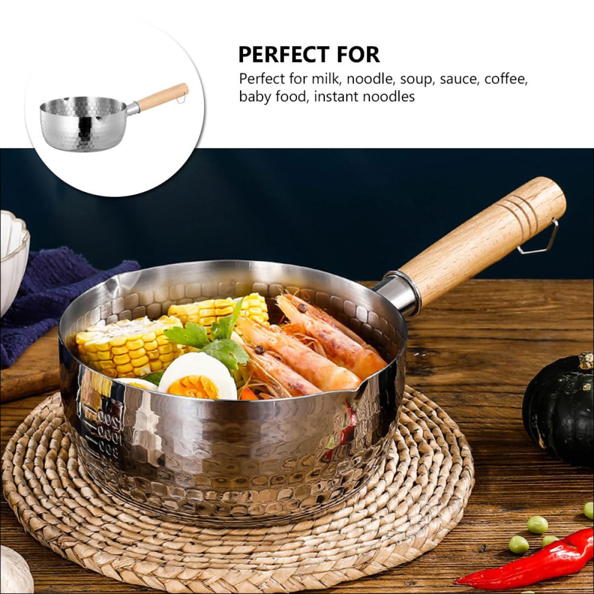 COLLBATH Pentola in Acciaio Inox Manico in Legno, per Latte e Alimenti per Bambini, Multiuso, Anello per Appendere, per Casa e Hotel