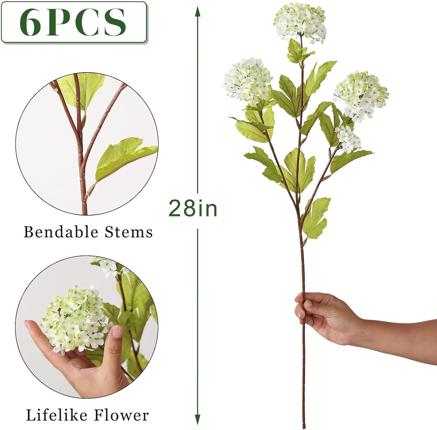 GLIDLION 28" Artificial Snowball Hydrangea Flowers for Vase - 6 Pcs Faux Hydrangea Stems Fake Silk Flower Branches for Table Centerpieces DIY Floral Arrangements Party Home Decor (White-Green)