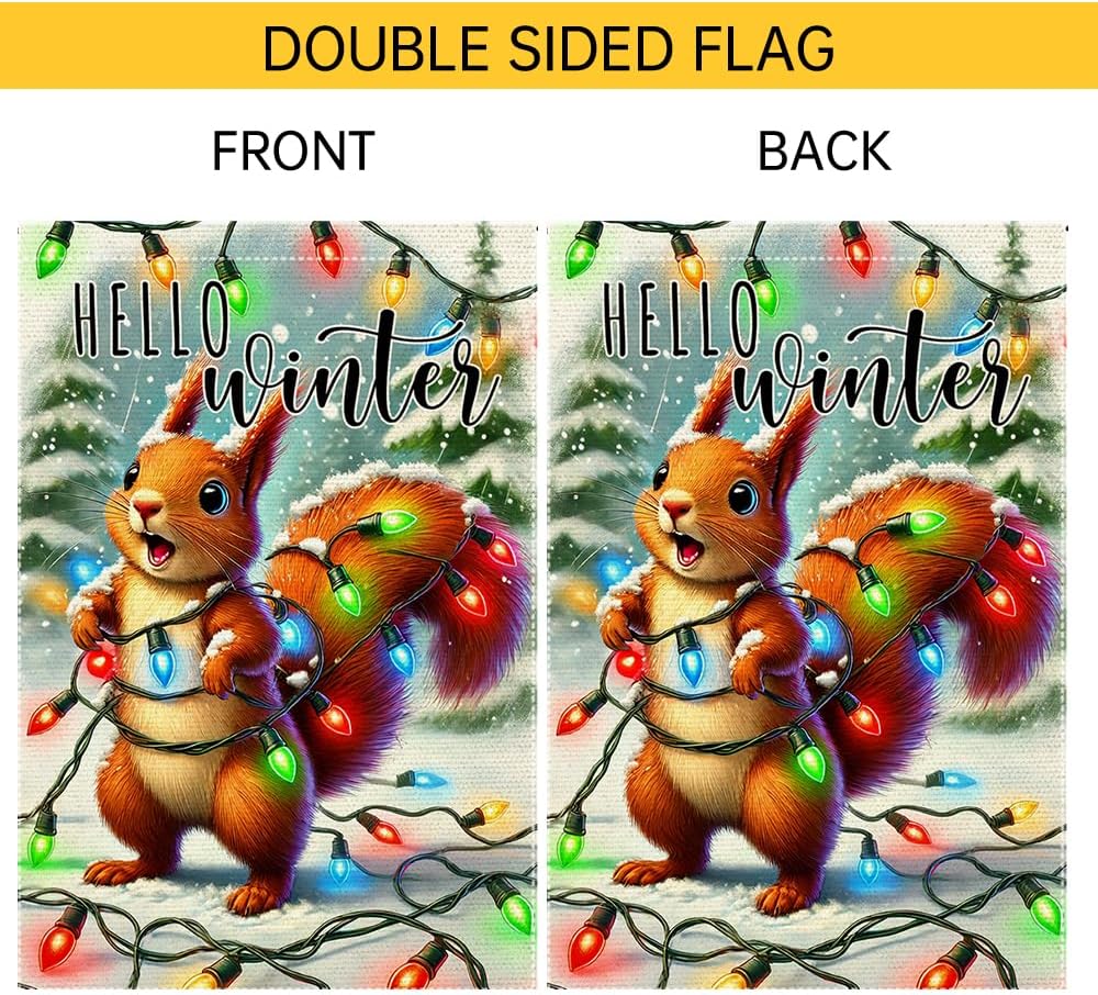 Winter Garden Flag 12x18 Inch Double Sided Burlap Hello Squirrel Wrapped in Christmas Lights Seasonal Outdoor Holiday Yard Decor for Winter Welcome - Image 6