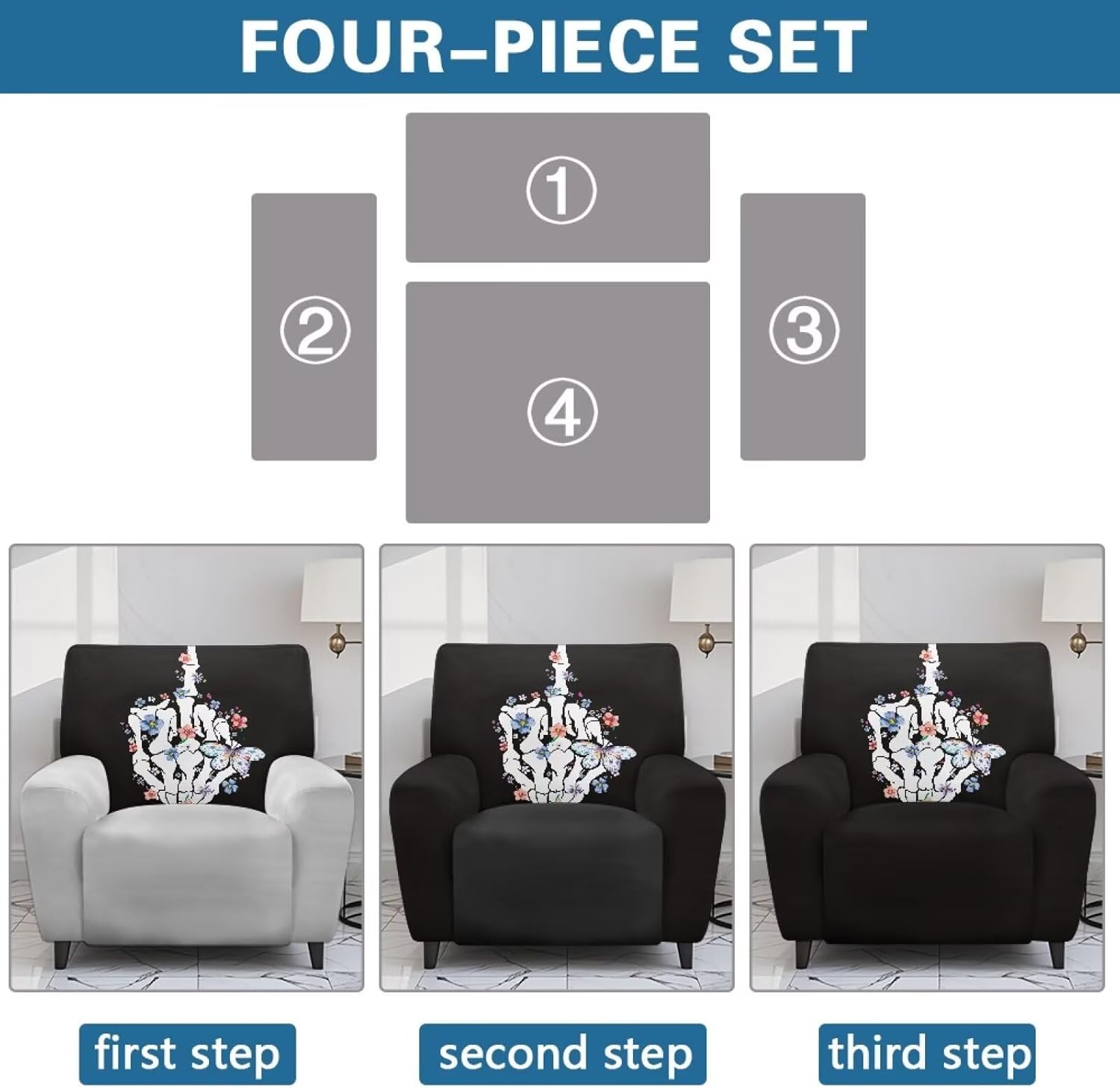 Skull Hand Recliner Couch Cover Floral Chair Slipcovers 4 Piece Non Slip Lazy Boy Sofa Covers Halloween Decor Recliner Covers Soft Reclining Sofa Protector