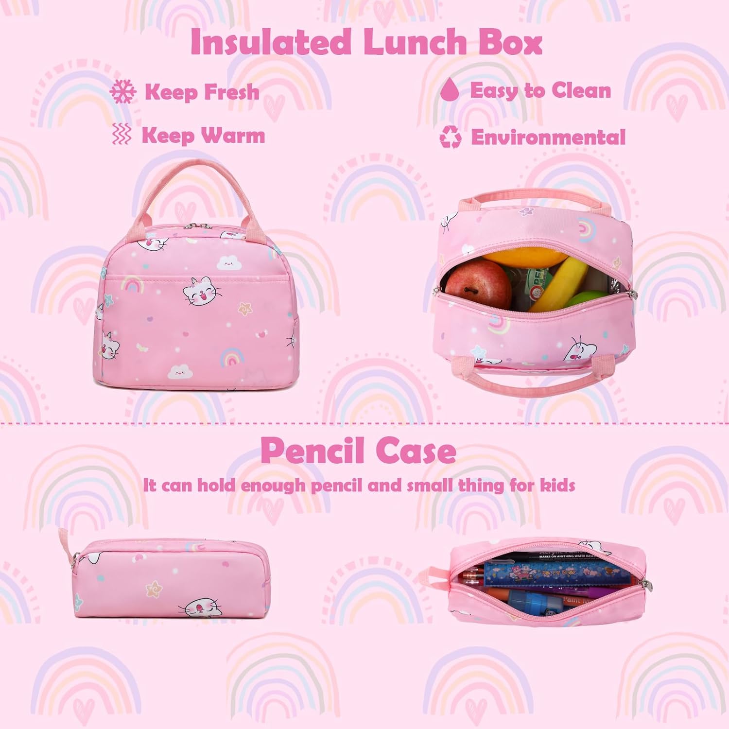 Kimwadalh Girls Backpack with Lunch Box Pencil Case for Elementary School, 3 in 1 Schoolbag with Chest Strap for School Girls