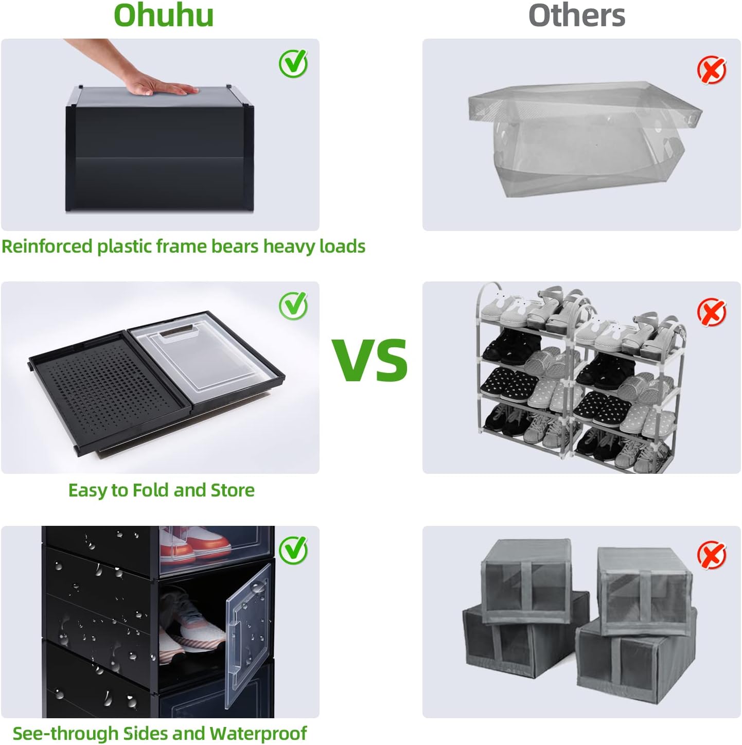 Ohuhu Shoe Box, Shoe Organizer, High Quanlity Stackable Foldable Shoe Storage, Clear Plastic Shoe Containers, Drawer Type Front Opening for Underbed Closets and Entryway (XL, Black)