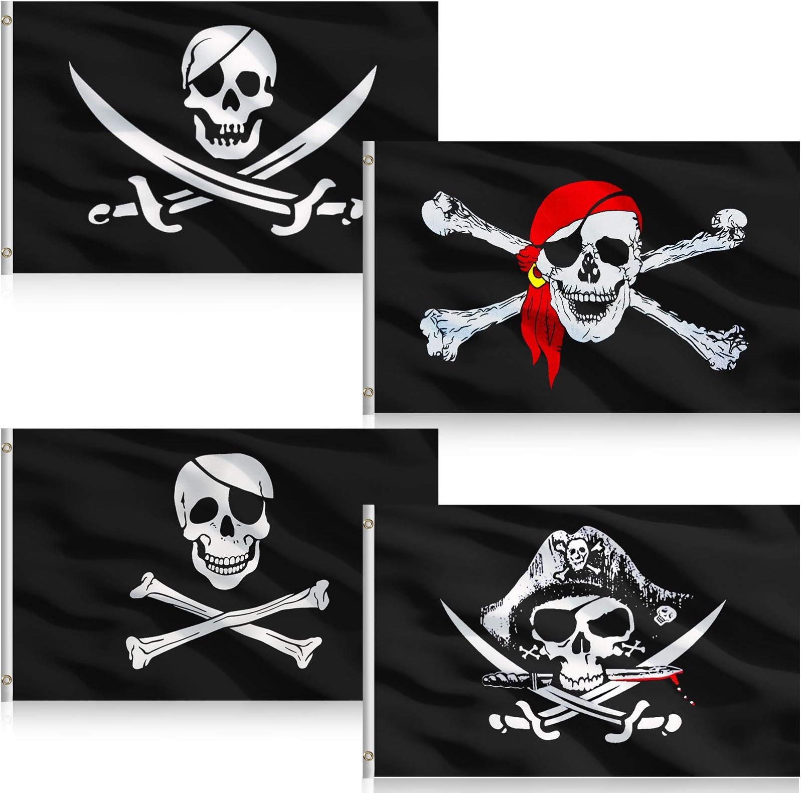 4 Pieces Pirate Flags 3 x 5 Feet Jolly Roger Pirate Flag Skull Bone Pirate Banner Halloween Retro Decorations Flag for Halloween Party Home Decoration, 4 Styles(Classic Style)