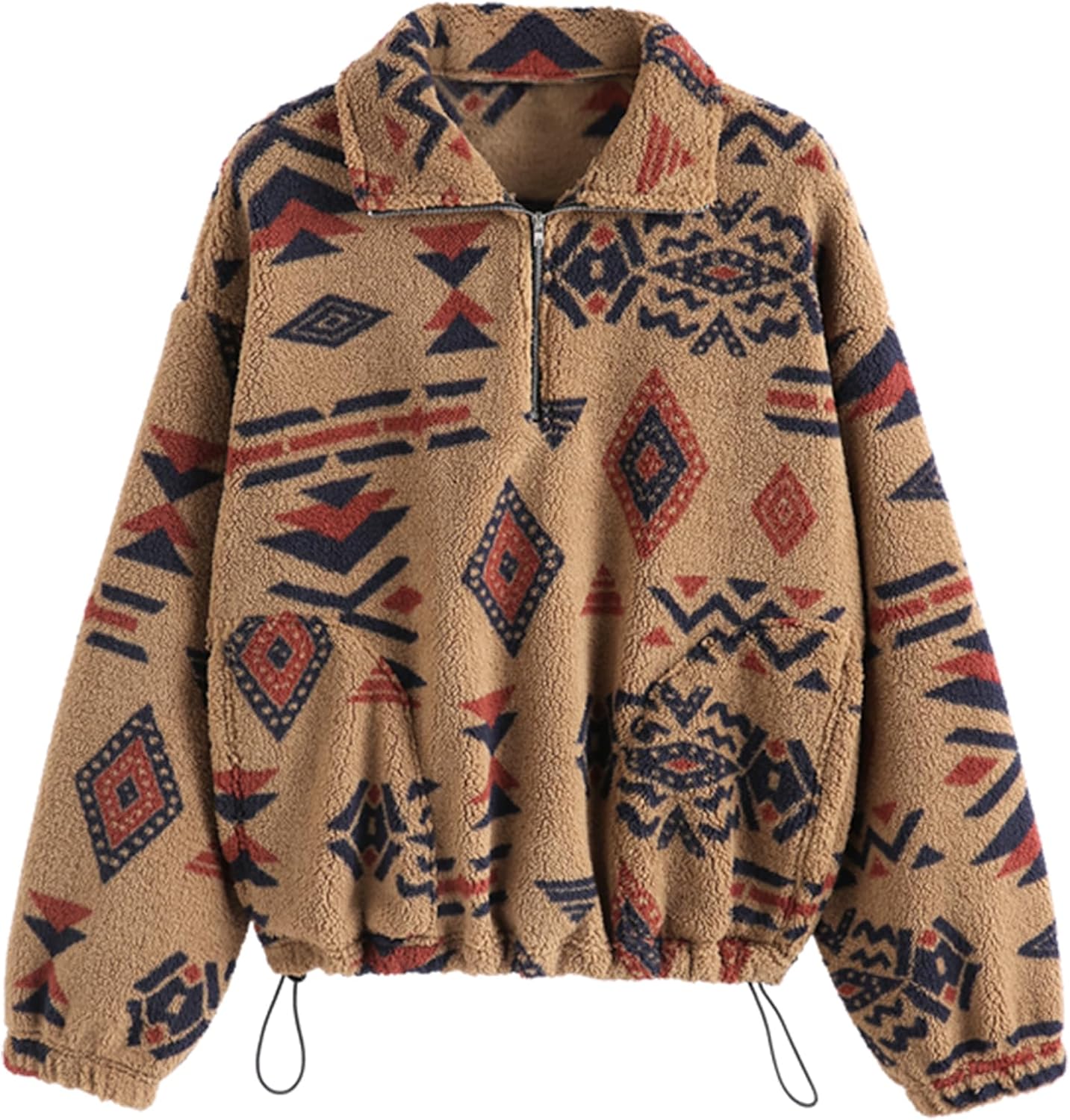 ZAFUL Sweatshirt for Women Oversized Quarter Zip Pullover with Pockets, Long Sleeve Ethnic Aztec Print Faux Fur Crop Top