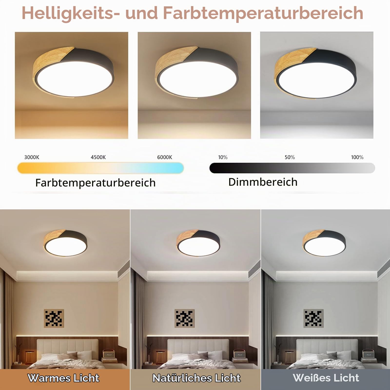 Riserva LED Deckenleuchte Dimmbar 43W, Holz Rund, 3000K-6500K