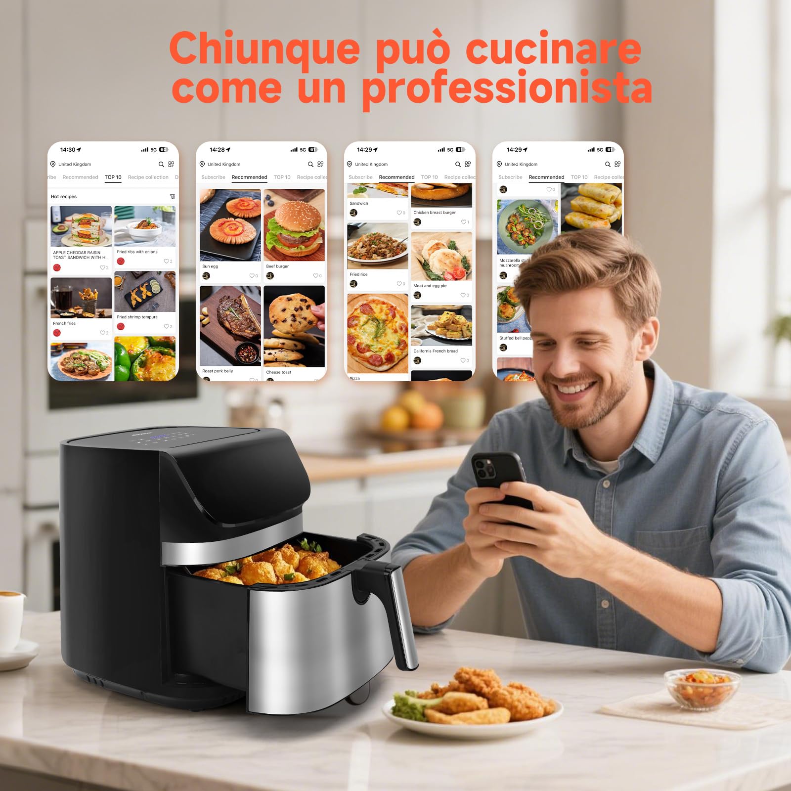 Aigostar Friggitrice ad Aria XXL 8,8 Litri, Air Fryer Doppia Resistenza, Risparmio Energetico 55%, 13 Programmi, Interno Acciaio Inox, Touchscreen & Finestra, Comunità Ricette, 2200W, Nero