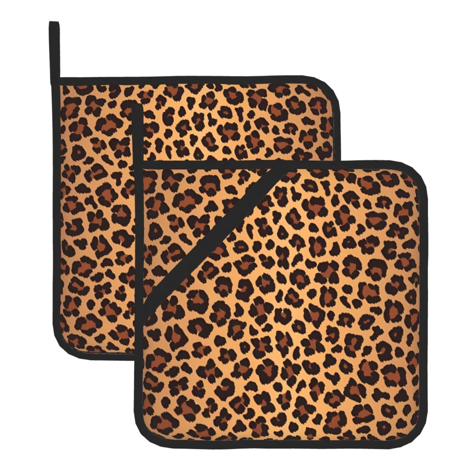 YYHHAOFA Leopard Pattern Prints Square Hot Pads - Durable Kitchen Covers for Heat Resistance, Waterproof Protection & Easy Cleaning - 2-Pack with Hanging Loops