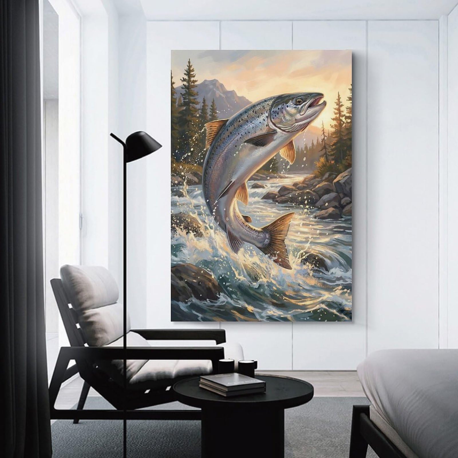 Junmoney Salmon Leaping from River Painting Home Decor Wall Art 16x24inch(40x60cm), for Home, Office, Studio Or Guest Room, Canvas Wall Art That Fits Changing Layouts