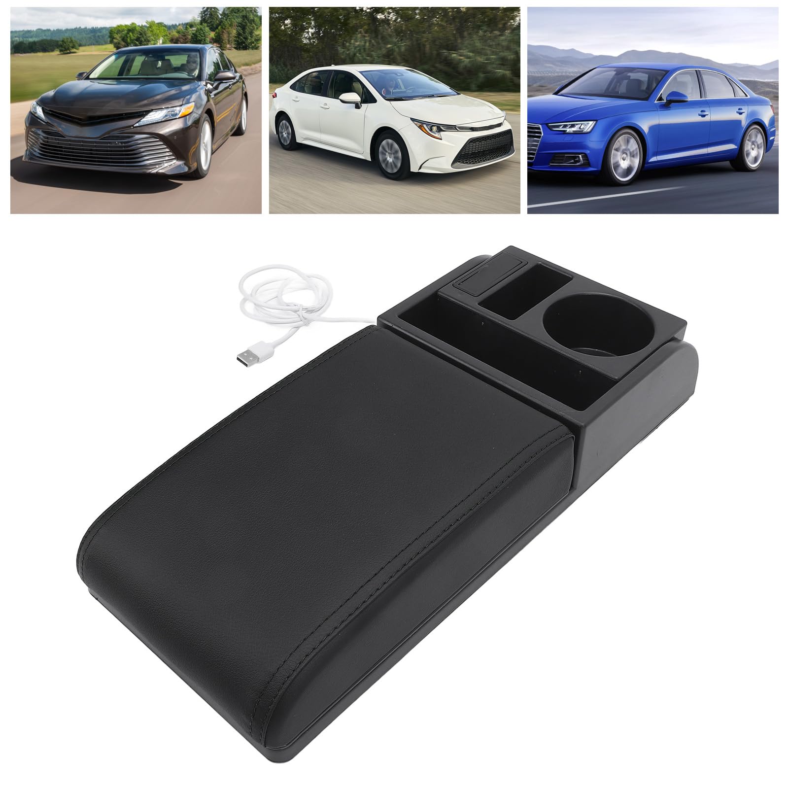 Copertura per Box Bracciolo Console Centrale Lunghezza Regolabile con Porta di Ricarica USB Portabicchieri Universale per Box Bracciolo per Auto per SUV Camion Furgoni (Nera)