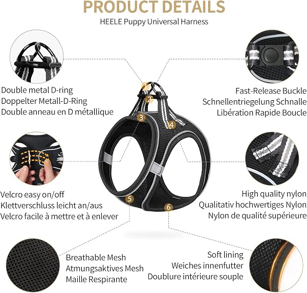 HEELE Dog Harness for Small Dogs, Soft Mesh Lightweight Breathable Reflective Anti-Escape Harness for Walking Outdoor Activities, Black, S - 2