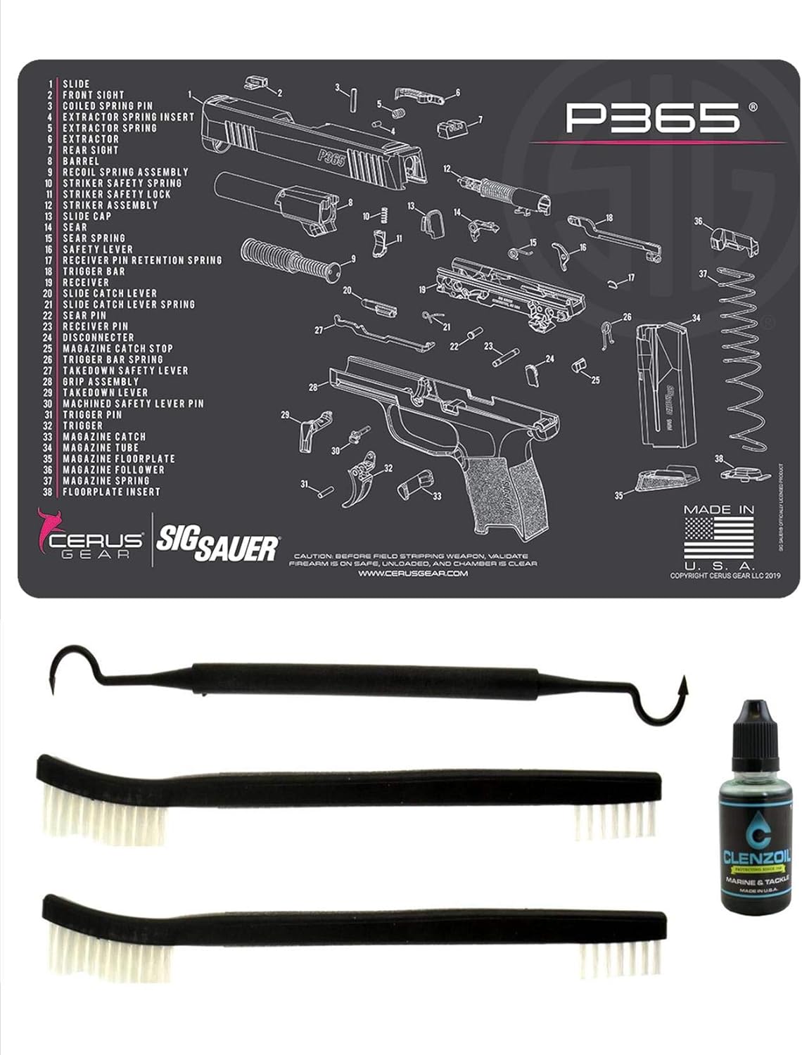EDOG Ladies Sig P365 Pink Trim 5 PC Schematic (Exploded View) Heavy Duty Pistol Cleaning 12x17 Padded Gun-Work Surface Protector Mat Solvent & Oil Resistant & 3 PC Cleaning Essentials & Clenzoil