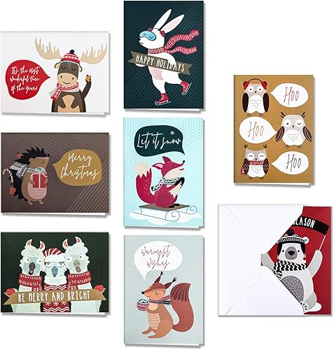 HERZOME Paquete de 48 tarjetas de felicitación navideñas de invierno con sobres y calcomanías, 8 patrones de animales del bosque, tarjetas de
