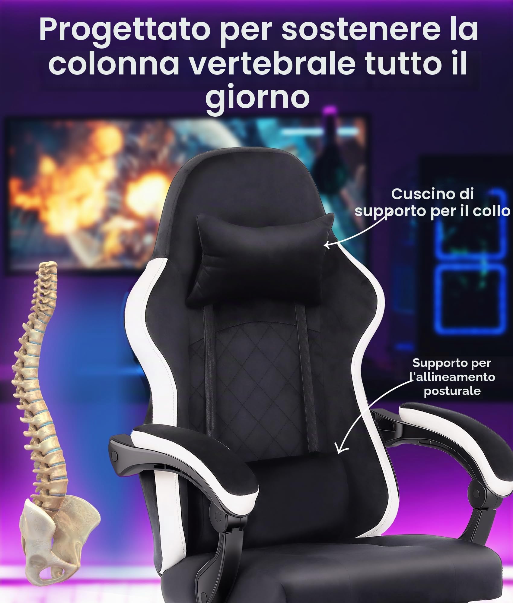 Sedia Gaming Ergonomica con Poggiapiedi, Schienale Reclinabile fino a 140°, Sedia Girevole da Ufficio con Supporto Lombare e Poggiatesta, Altezza Regolabile, Tessuto Flanella Grigio (Nero)