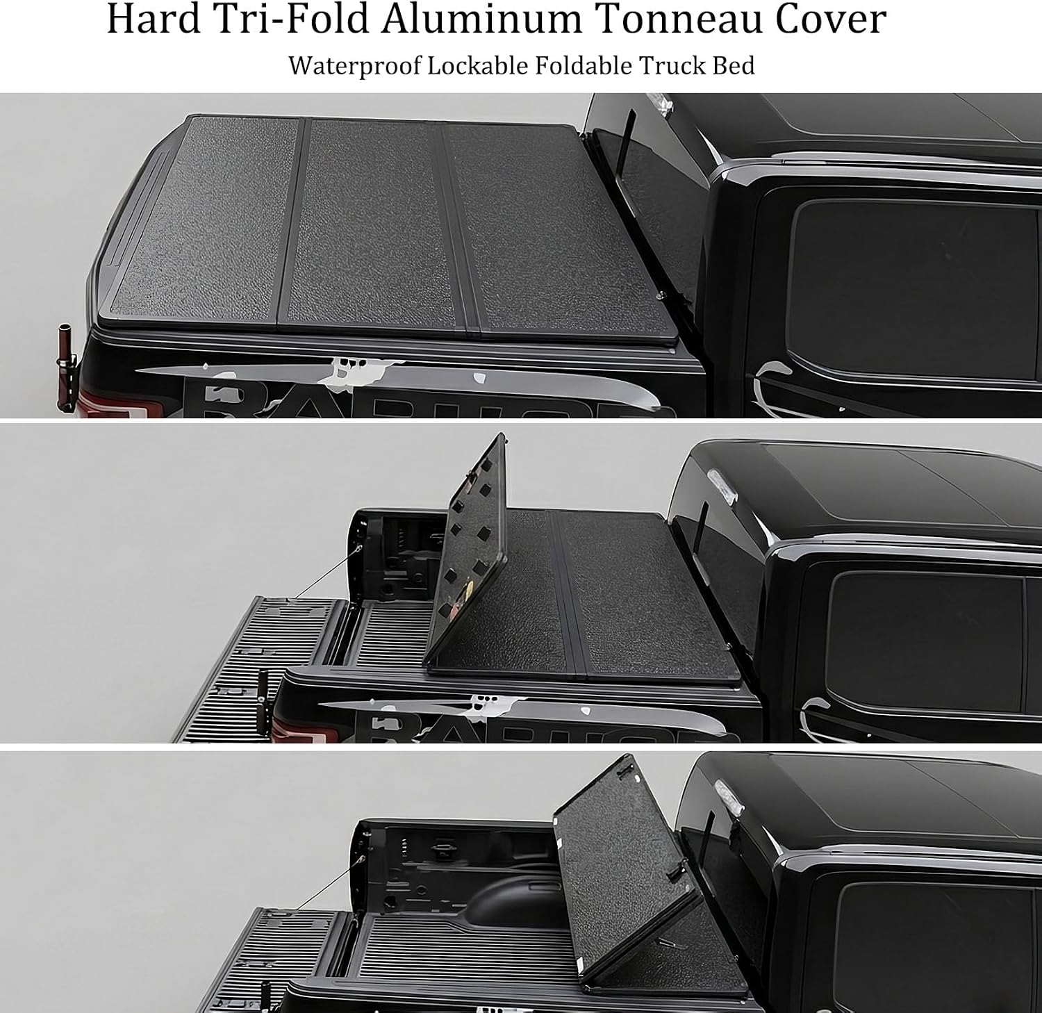 Hard FoldingTruck Bed Tonneau Cover with LED Lamp for Gladiator JT 2020 2021 2022 2023 Tri Fold Style，Only Fits Models Without Utility Track System