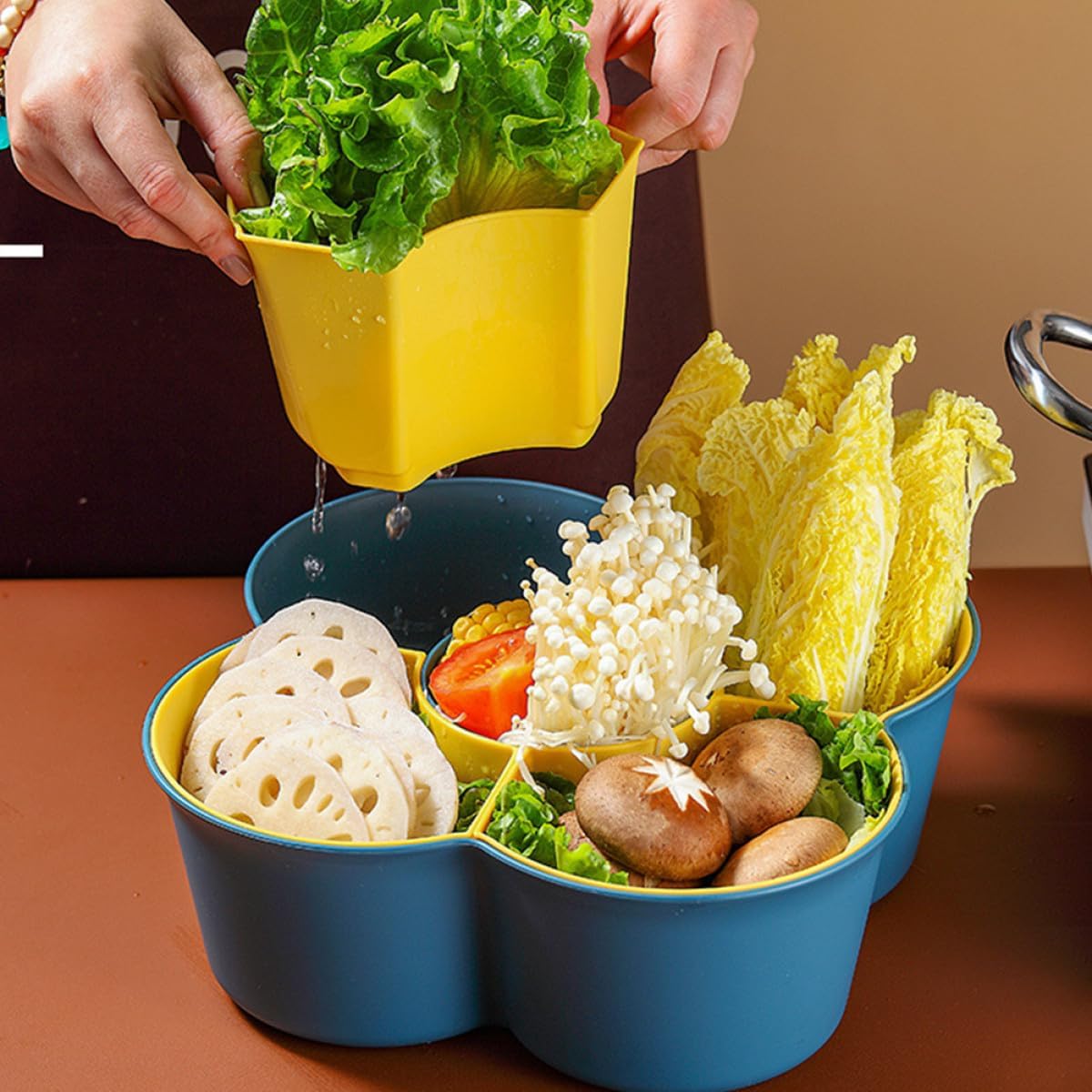 FRCOLOR Double Layer Vegetable Washing Basket and Fruit Drainer, Multi-grid Kitchen Colander in Dark Blue for Home Food Cleaning and Draining
