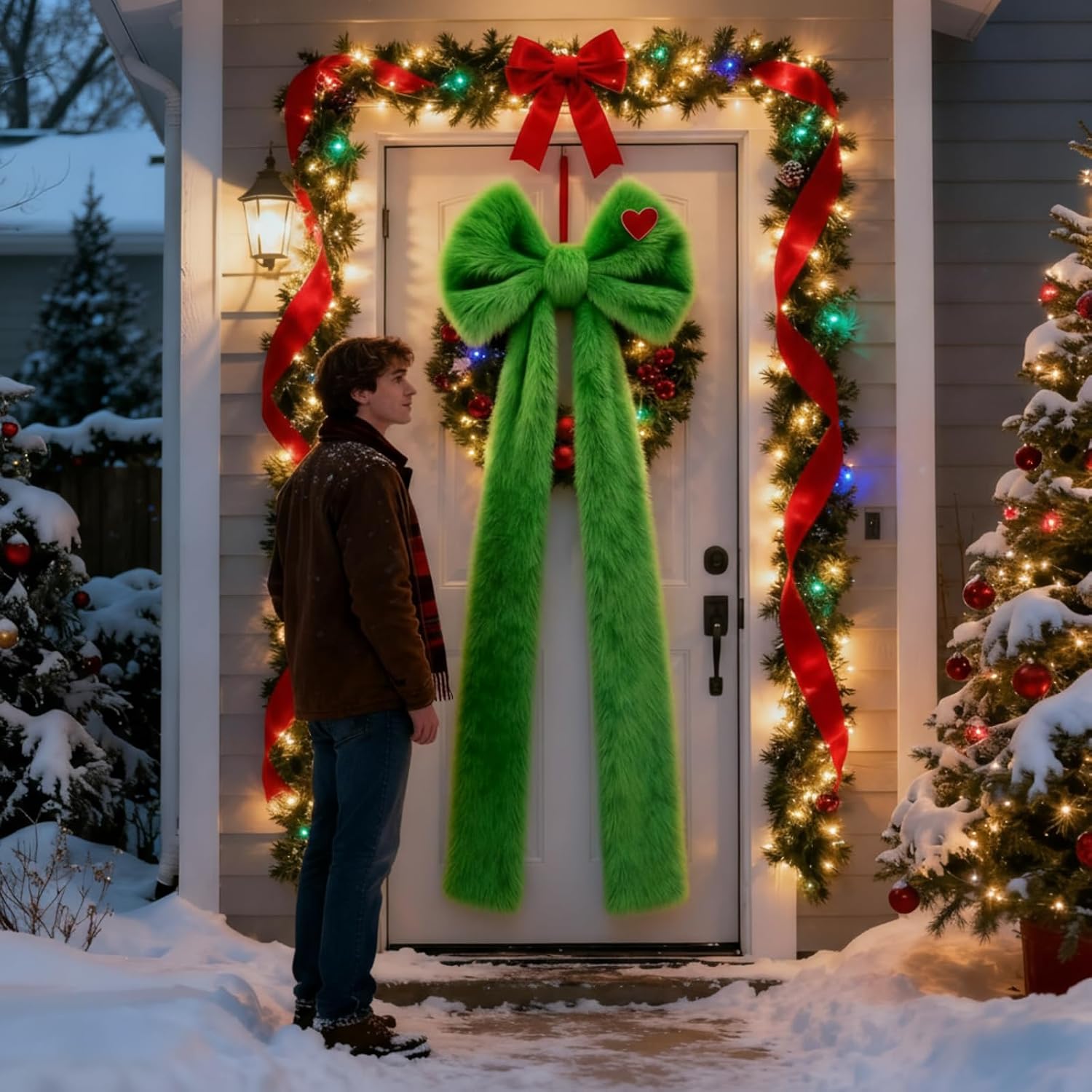 Janinka 70.9 x 19.7 Inches Extra Large Green Christmas Tree Topper Bow Plush Faux Fur Tree Decoration Giant Huge Christmas Fluffy Decorative Bows with Long Streamers for Front Door Patio Outdoor Decor