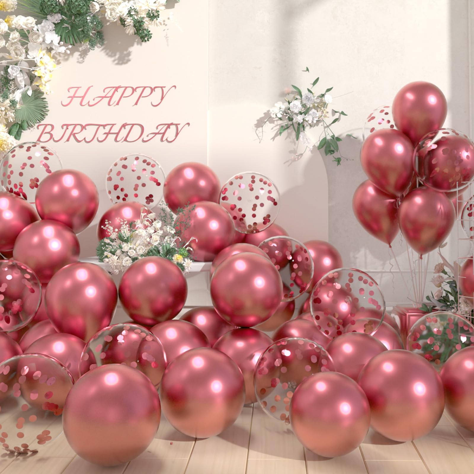 AULE Party Balloons Pack of 42 - Metallic Chrome Pink Balloons and Pink Confetti Latex Helium Balloons With 64ft Ribbons - 12 Inch Balloon Decoration Set