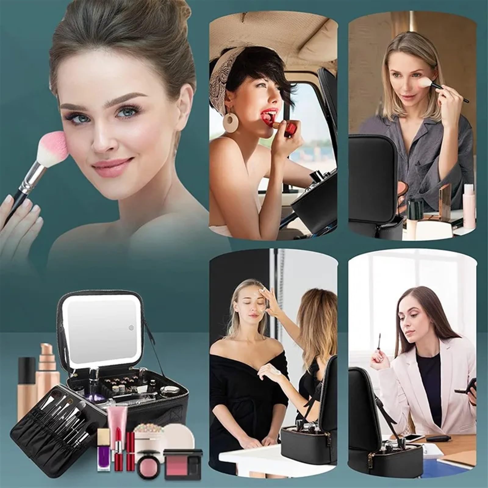 Neceser Viaje Mujer Bolsa de cosméticos con Espejo, Estuche for cosméticos, PU, ​​Gran Capacidad, Bolsas de Maquillaje de Viaje portátiles for Mujeres con luz