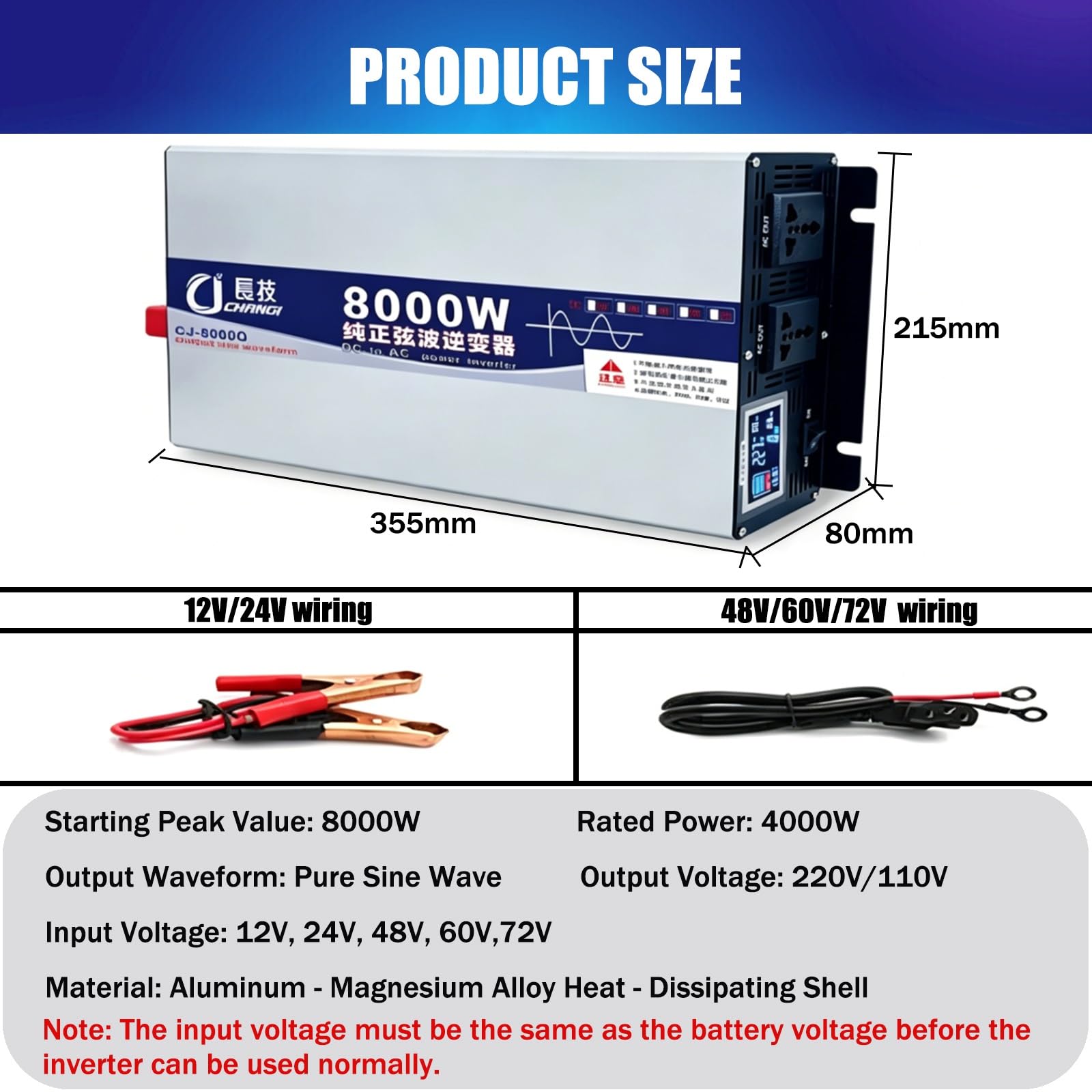 Inverter a onda sinusoidale pura 1600W 3500W 5000W 6000W 8000W 16000W | DC 12V 24V 48V 60V 72V a AC 220V 230V Inverter solari potenza Invertitore di Tensione Fotovoltaico(8000W,12Vto220V)