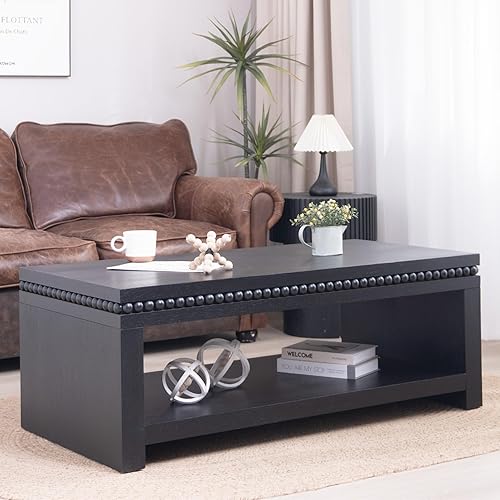 Miniatura 68 de SSLine Mesa de centro rectangular de madera antigua de 45.2 pulgadas para sala de estar, mesas auxiliares de almacenamiento de 2 niveles con patas