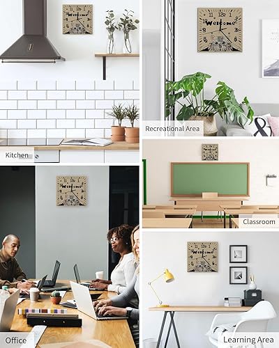 Miniatura 5 de Adorable Cat Welcome Wooden Wall Clock Silent Non Ticking, Retro Paws Footprints Square Wall Clock Battery Operated, Decor Clock for Home Office,