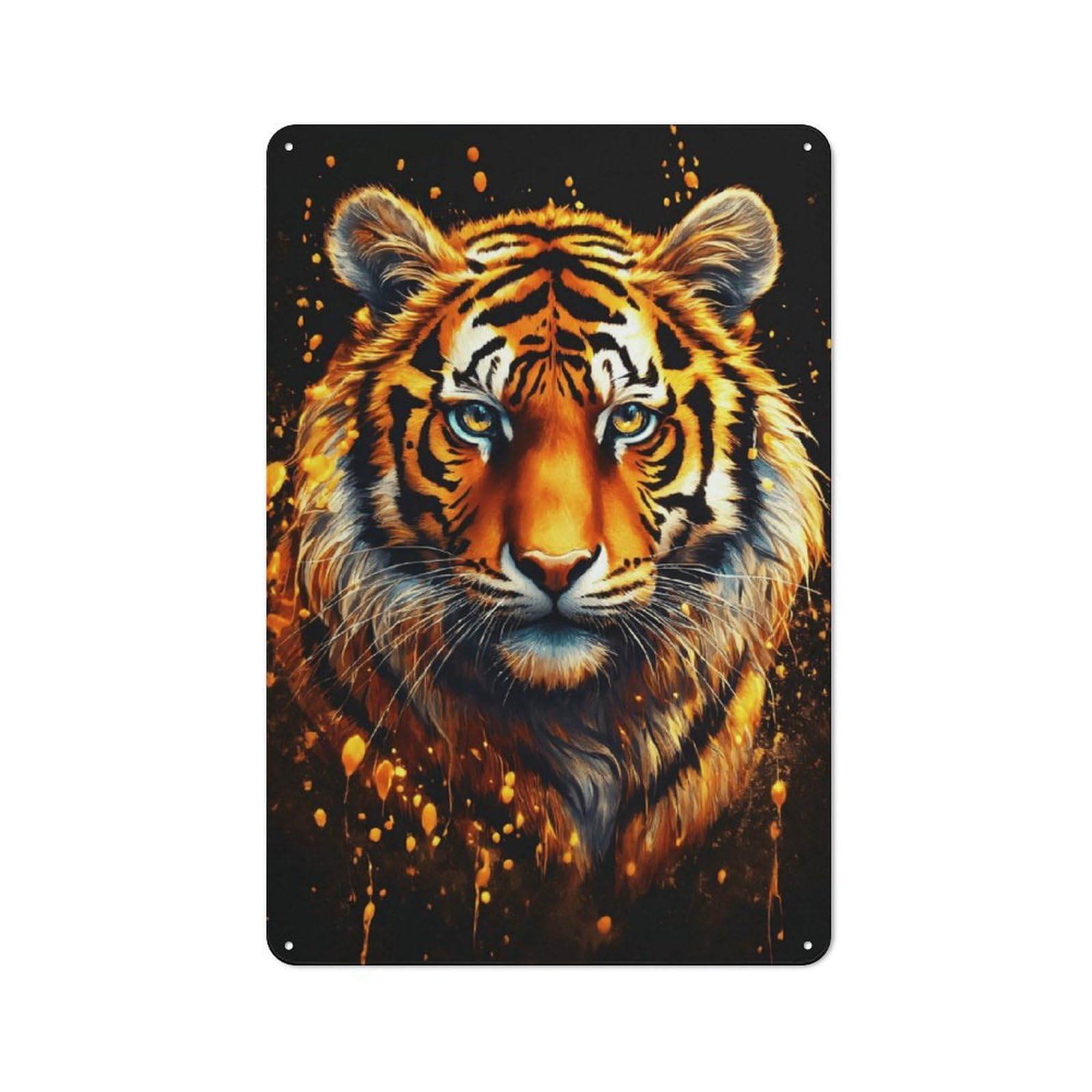 Classic Majestic Tiger Portrait with Golden Splatters Decorative Tin Plaque 30x20cm, Bar Wall Plaque for Diner, Restaurant, Shed Or Kitchen