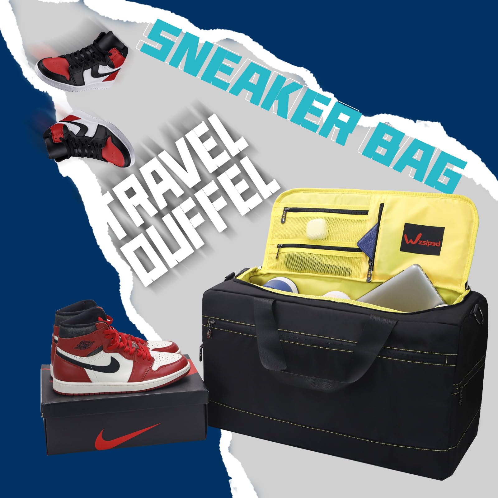 Borsone da viaggio per sneaker, impermeabile, per sport, palestra, da viaggio, con 3 divisori regolabili, tracolla, Giallo, Borsone sportivo