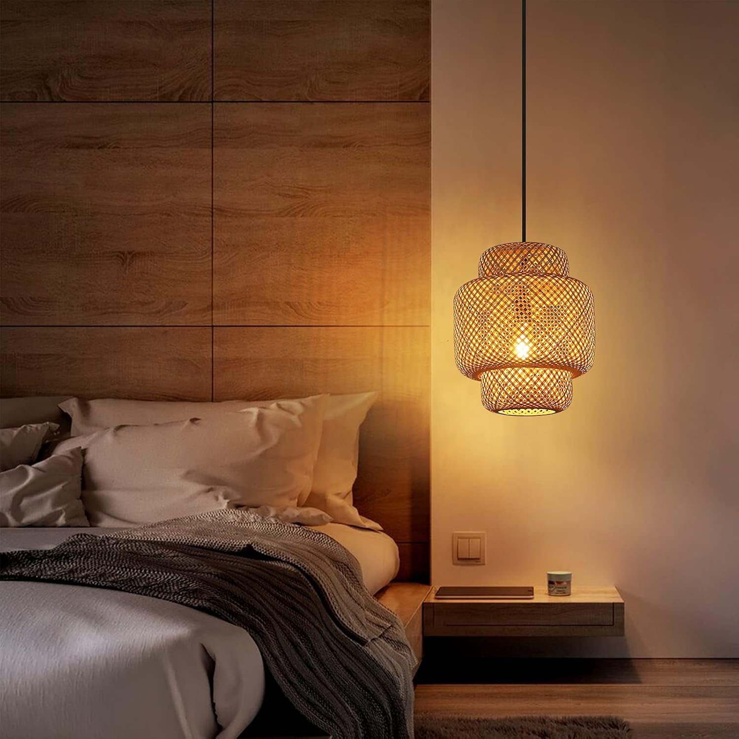 Wicker Plug in Pendant Light with Bamboo Lantern Shape Hand-Woven 1 Hanging Light Fixture for Kitchen Farmhouse Beige Lampshade Natural Chandeliers Ceiling E26 Lighting with Inline On/Off Switch Cord