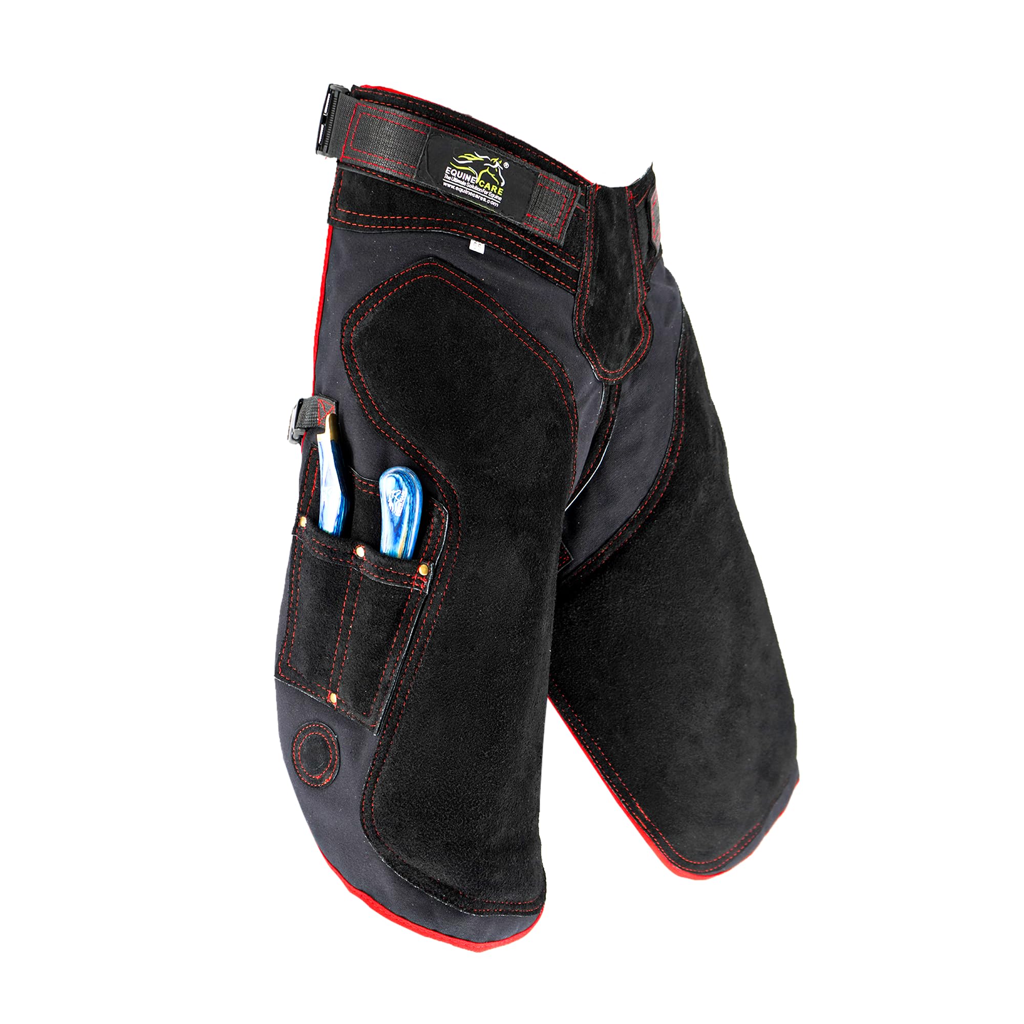 Equine Care Delantal Farrier Chaps de cuero vacuno de 2 mm, lona de 500 g/m², malla de aire, 23 pulgadas de longitud, cintura ajustable (28-52 pulgadas), soporte ergonómico acolchado de espuma para