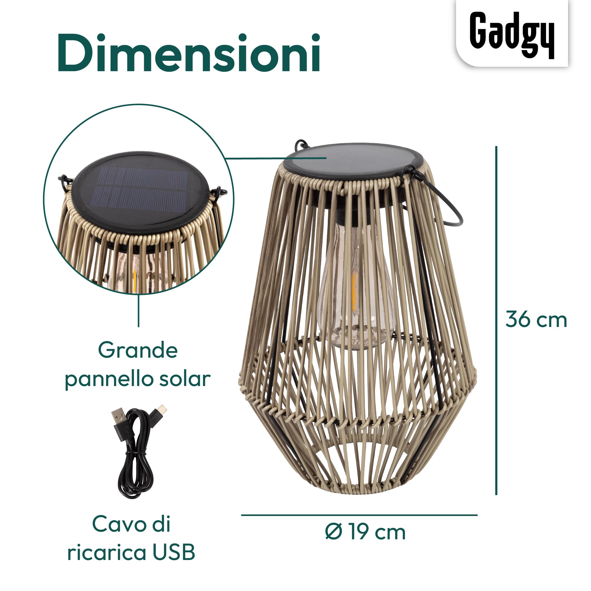 Gadgy Lampada Solare da Giardino con Effetto Rattan – Lanterna Solare per Esterni Impermeabile – Luce Decorativa a LED per Giardino, Balcone o Tavolo – Ricaricabile ed Ecologica