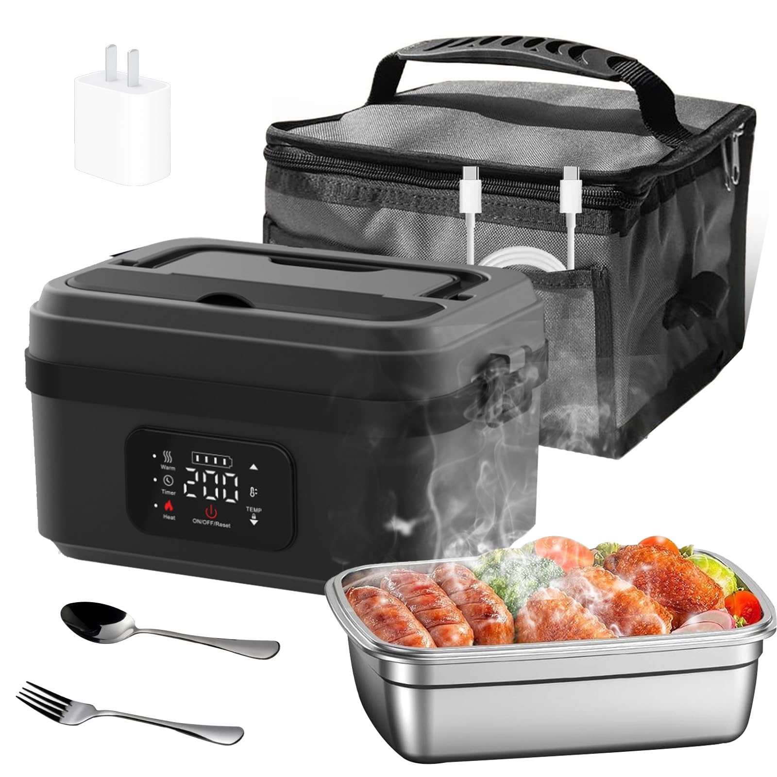 1L Elektrische Lunchbox mit Akku, Tragbare Elektrische Lunchbox mit Einstellbarer und TimerHeizfunktion, Beheizbare Brotdose mit Isoliertasche, Gabel & Löffel für Arbeit Reisen Unterwegs